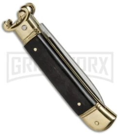 AKC 8" Shot Shell Puller Lever Lock Ebony W/ Brass Automatic Knife - Flat Plain -AKC Knife Shop AKC 8in Shot Puller LL Ebony Wood Brass BP 19885 jr side large