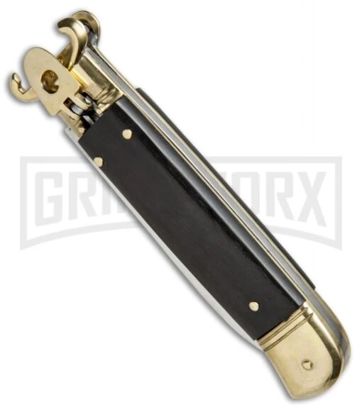 AKC 8" Shot Shell Puller Lever Lock Ebony W/ Brass Automatic Knife - Flat Plain -AKC Knife Shop AKC 8in Shot Puller LL Ebony Wood Brass BP 19885 jr spine large