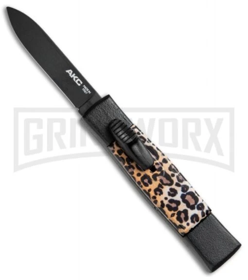 AKC Minion Concord Leopard OTF Automatic Knife - Flat Black Plain -AKC Knife Shop AKC Concord Minion Leopard Flat Blk BP 18949 jr large