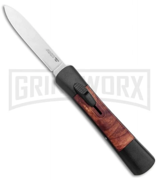 AKC Concord Briar Wood OTF Automatic Knife - Plain Satin Flat -AKC Knife Shop AKC Concord OTF Auto Briar Wood Satin GX 37553 jr large