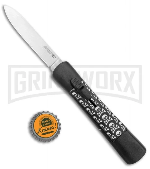 AKC Concord Jolly Roger OTF Automatic Knife - Flat Grind Satin Plain -AKC Knife Shop AKC Concord OTF Auto Jolly Roger Satin BHQ 135716 jr bottlecap large