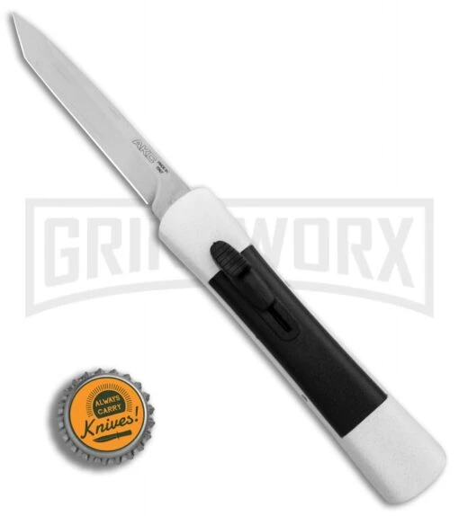 AKC Concord White/Black OTF Automatic Knife - Tanto Satin Plain -AKC Knife Shop AKC Concord Tanto White Black Satin BHQ 90286 er bottlecap large