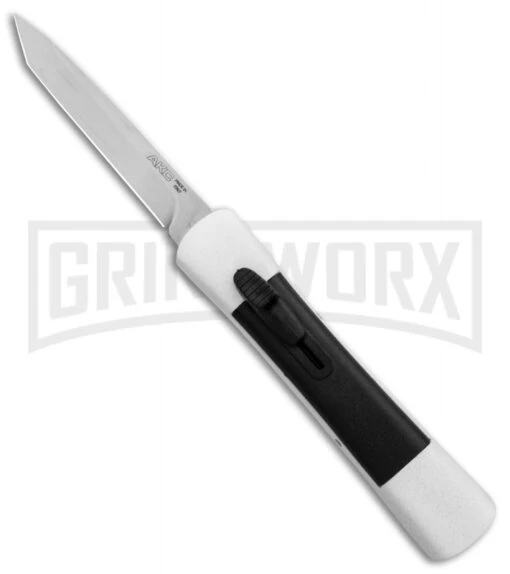 AKC Concord White/Black OTF Automatic Knife - Tanto Satin Plain -AKC Knife Shop AKC Concord Tanto White Black Satin BHQ 90286 er large