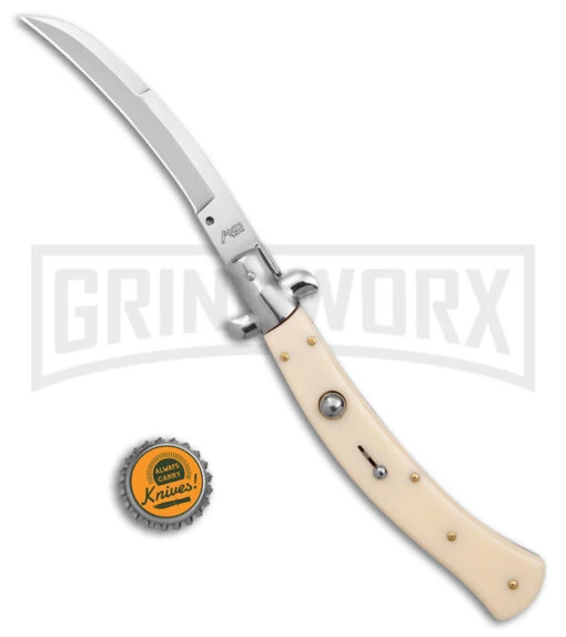 AKC Curved Stiletto Ivory Automatic Knife - Satin Plain -AKC Knife Shop AKC Curved Stiletto Ivory Auto Satin GX 41026 jr bottlecap large