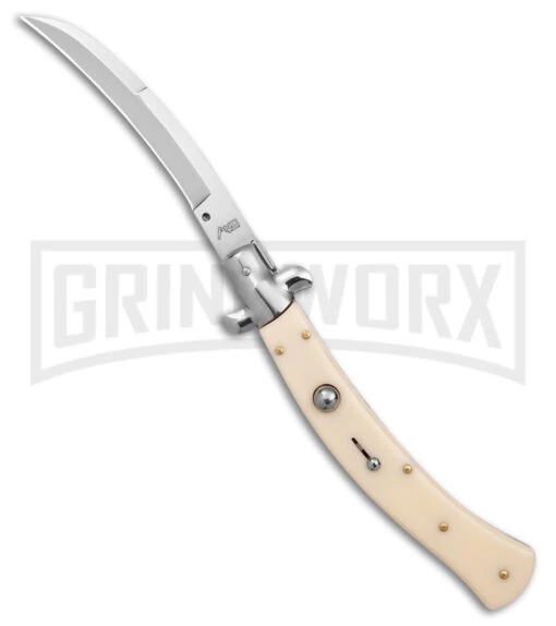 AKC Curved Stiletto Ivory Automatic Knife - Satin Plain -AKC Knife Shop AKC Curved Stiletto Ivory Auto Satin GX 41026 jr large