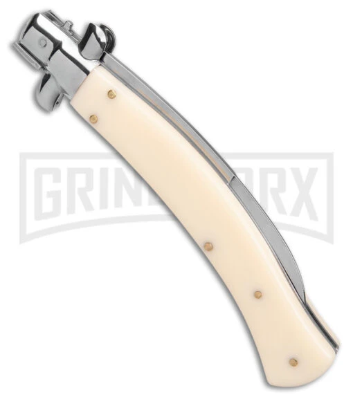 AKC Curved Stiletto Ivory Automatic Knife - Satin Plain -AKC Knife Shop AKC Curved Stiletto Ivory Auto Satin GX 41026 jr side large