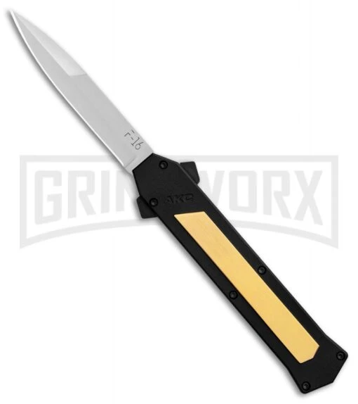 AKC F-16 Brass D/A OTF Automatic Knife - Bayo Satin Plain -AKC Knife Shop AKC F 16 BHQ Exclusive Brass Bayo Satin Plain GX 30990 er large