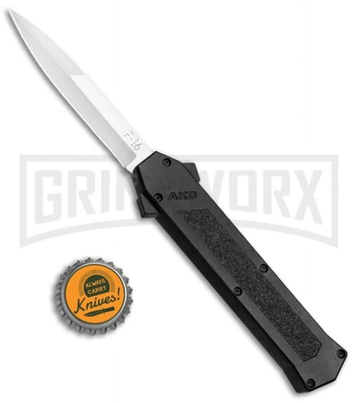 AKC F-16 Black D/A OTF Automatic Knife - Bayo Satin Plain -AKC Knife Shop AKC F 16 Black DA OTF Bayo Satin Plain BP 23852 jr bottlecap large