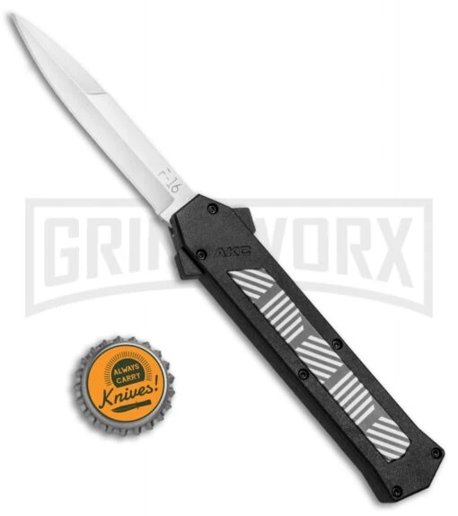 AKC F-16 Black/Stripe Inlay D/A OTF Automatic Knife - Bayo Satin Plain -AKC Knife Shop AKC F 16 Black Stripe Inlay DA OTF Bayo Satin Plain BP 25394 jr bottlecap large