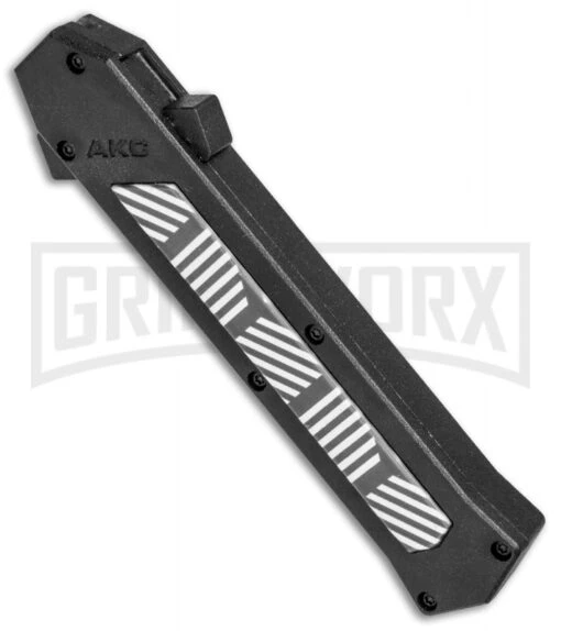 AKC F-16 Black/Stripe Inlay D/A OTF Automatic Knife - Bayo Satin Plain -AKC Knife Shop AKC F 16 Black Stripe Inlay DA OTF Bayo Satin Plain BP 25394 jr spine large