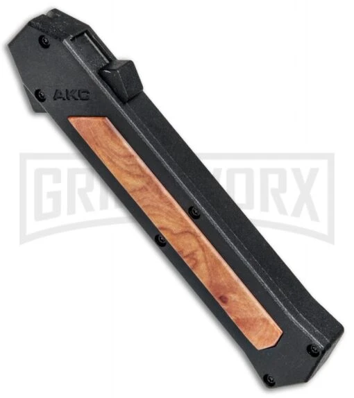 AKC F-16 Black/Wood D/A OTF Automatic Knife - Bayo Satin Plain -AKC Knife Shop AKC F 16 Black Wood DA OTF Auto Bayo Satin Plain BP 24620 jr apine large