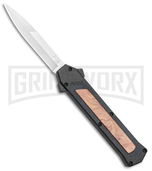 AKC F-16 Black/Wood D/A OTF Automatic Knife - Bayo Satin Plain -AKC Knife Shop AKC F 16 Black Wood DA OTF Auto Bayo Satin Plain BP 24620 jr large