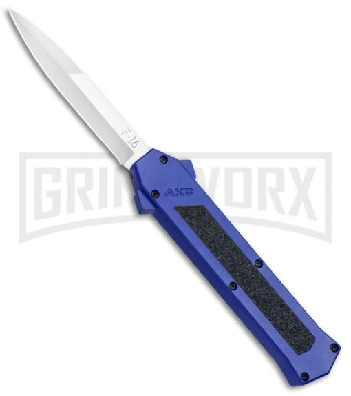 AKC F-16 Blue D/A OTF Automatic Knife - Bayo Satin Plain -AKC Knife Shop AKC F 16 Blue DA OTF Bayo Satin Plain BP 23856 jr large