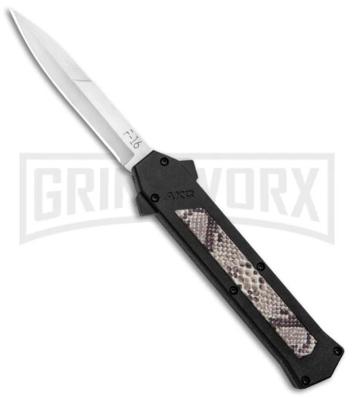 AKC F-16 Diamondback D/A OTF Automatic Knife - Bayo Satin Plain -AKC Knife Shop AKC F 16 DA Bayo OTF Auto Diamondback Satin BHQ 131609 jr large