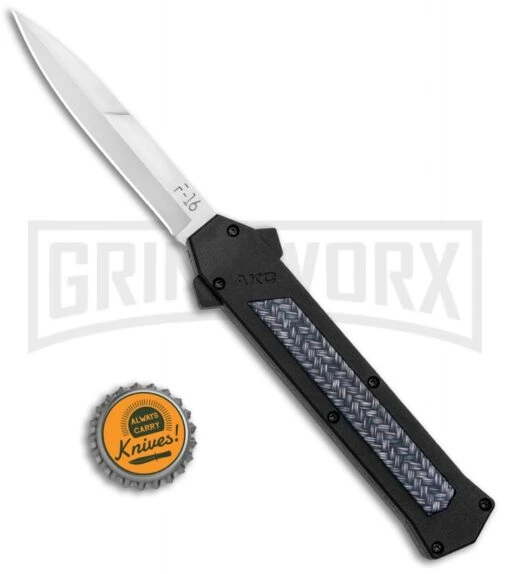 AKC F-16 Weave D/A OTF Automatic Knife - Bayo Satin Plain -AKC Knife Shop AKC F 16 DA Bayo OTF Auto Knife Weave Satin BHQ 131607 jr bottlecap large