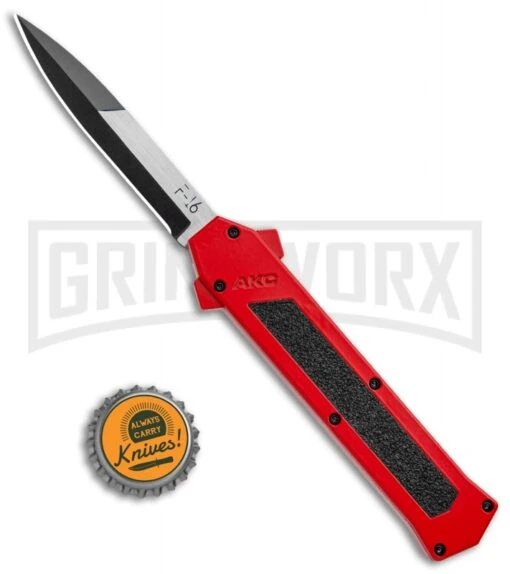 AKC F-16 Red D/A OTF Automatic Knife - Bayo Two Tone Plain -AKC Knife Shop AKC F 16 DA Bayo OTF Auto Red BHQ 112389 jr bottlecap large