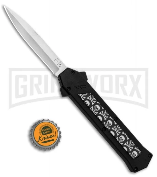 AKC F-16 Skulls D/A OTF Automatic Knife - Bayo Satin Plain -AKC Knife Shop AKC F 16 DA Bayo OTF Auto Skulls Satin BHQ 84593 jr bottlecap large