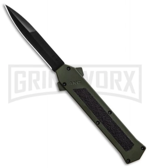 AKC F-16 OD Green D/A OTF Automatic Knife - Bayo Black Plain -AKC Knife Shop AKC F 16 DA Bayonet OD Green Black BHQ 86948 er large