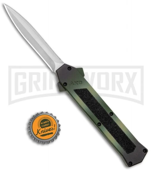 AKC F-16 Green Camo D/A OTF Automatic Knife - Dagger Satin Plain -AKC Knife Shop AKC F 16 DA Dagger Camo OTF Auto Green Satin BHQ 125374 jr bottlecap large