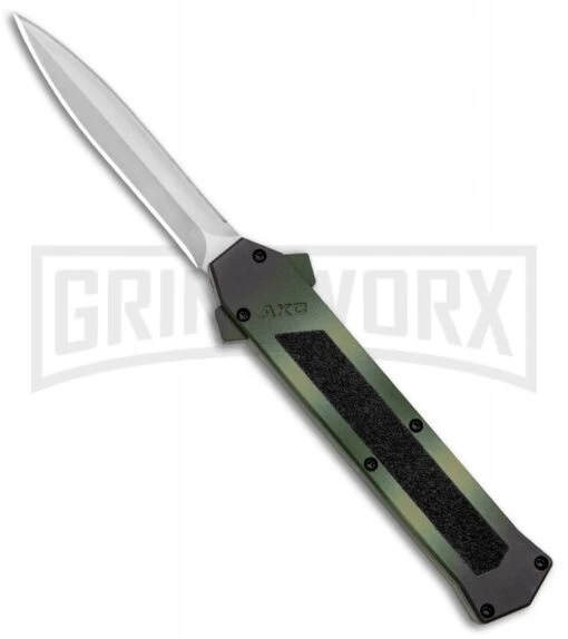 AKC F-16 Green Camo D/A OTF Automatic Knife - Dagger Satin Plain -AKC Knife Shop AKC F 16 DA Dagger Camo OTF Auto Green Satin BHQ 125374 jr large