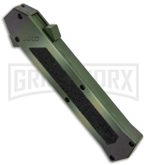 AKC F-16 Green Camo D/A OTF Automatic Knife - Dagger Satin Plain -AKC Knife Shop AKC F 16 DA Dagger Camo OTF Auto Green Satin BHQ 125374 jr spine large