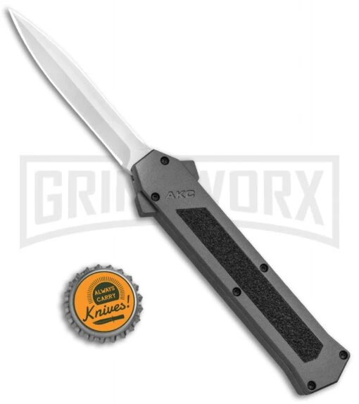 AKC F-16 Gray D/A OTF Automatic Knife - Dagger Satin Plain -AKC Knife Shop AKC F 16 DA Dagger OTF Auto Gray Satin BHQ 92691 jr bottlecap large