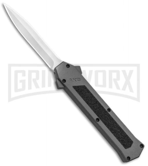 AKC F-16 Gray D/A OTF Automatic Knife - Dagger Satin Plain -AKC Knife Shop AKC F 16 DA Dagger OTF Auto Gray Satin BHQ 92691 jr large