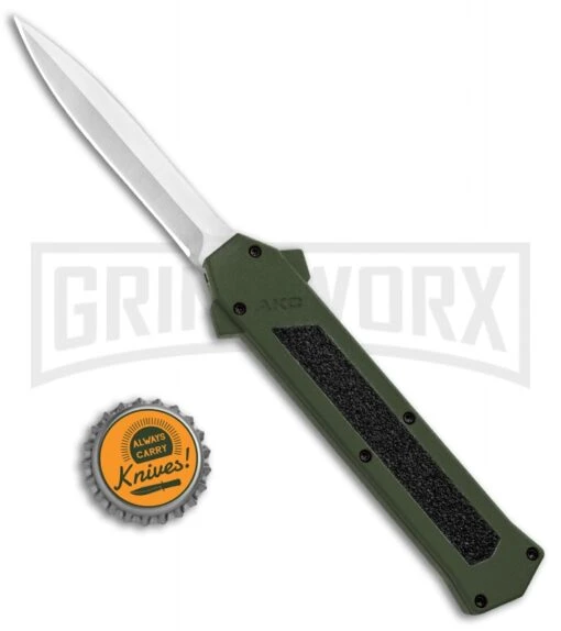 AKC F-16 Green D/A OTF Automatic Knife - Dagger Satin Plain -AKC Knife Shop AKC F 16 DA Dagger OTF Auto Green Satin BHQ 91965 jr bottlecap large