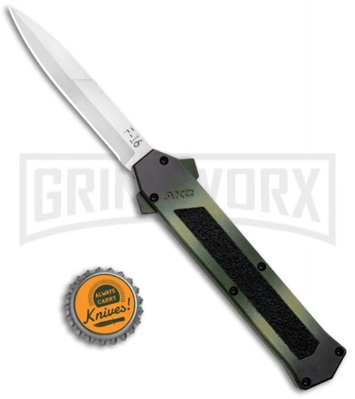 AKC F-16 OD Green Camo D/A OTF Automatic Knife - Bayo Satin Plain -AKC Knife Shop AKC F 16 DA Dagger OTF Auto OD Green Camo Satin BHQ 125319 jr bottlecap large