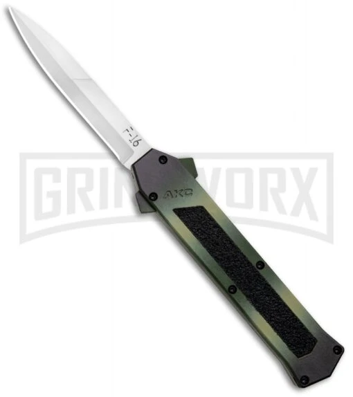 AKC F-16 OD Green Camo D/A OTF Automatic Knife - Bayo Satin Plain -AKC Knife Shop AKC F 16 DA Dagger OTF Auto OD Green Camo Satin BHQ 125319 jr large