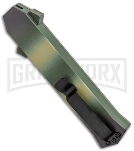 AKC F-16 OD Green Camo D/A OTF Automatic Knife - Bayo Satin Plain -AKC Knife Shop AKC F 16 DA Dagger OTF Auto OD Green Camo Satin BHQ 125319 jr side large