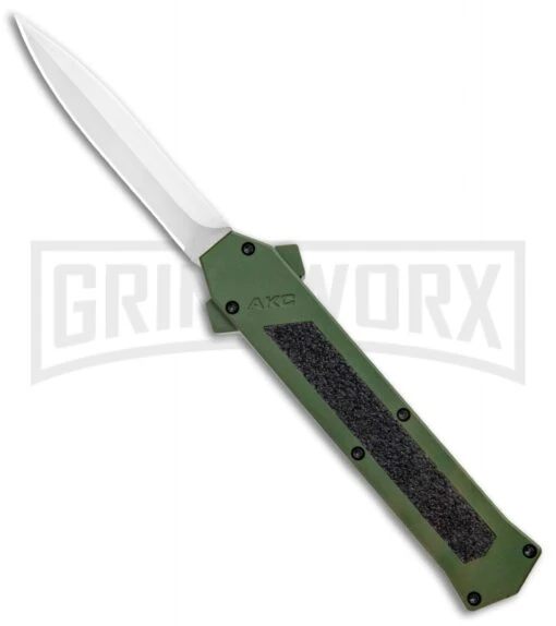 AKC F-16 OD Green D/A OTF Automatic Knife - Dagger Satin Plain -AKC Knife Shop AKC F 16 DA Dagger OTF Auto OD Green Satin BHQ 95347 jr large