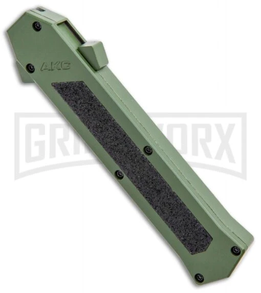 AKC F-16 OD Green D/A OTF Automatic Knife - Dagger Satin Plain -AKC Knife Shop AKC F 16 DA Dagger OTF Auto OD Green Satin BHQ 95347 jr spine large