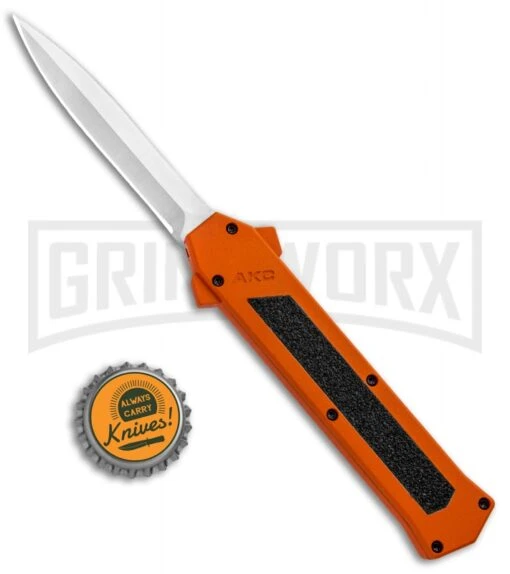 AKC F-16 Orange D/A OTF Automatic Knife - Dagger Satin Plain -AKC Knife Shop AKC F 16 DA Dagger OTF Auto Orange Satin BHQ 91966 jr bottlecap large