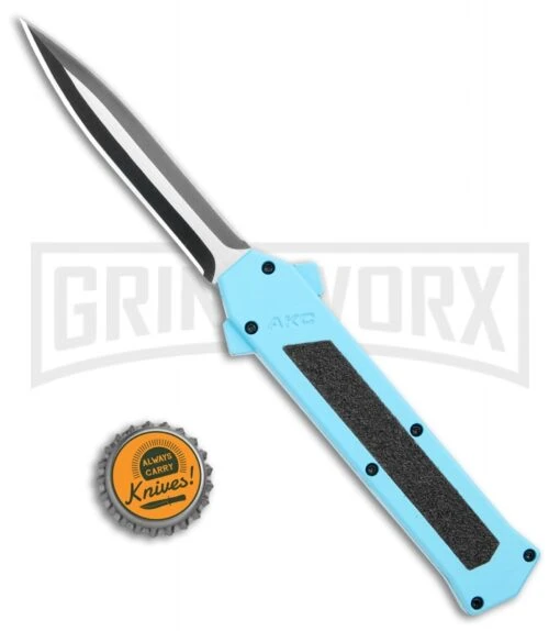 AKC F-16 Teal D/A OTF Automatic Knife - Dagger Two Tone Plain -AKC Knife Shop AKC F 16 DA Dagger OTF Auto Teal TT BHQ 109160 jr bottlecap large