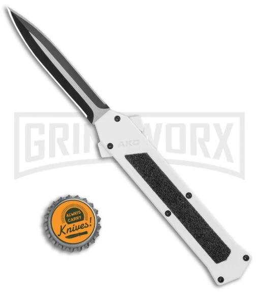 AKC F-16 White D/A OTF Automatic Knife - Dagger Two Tone Plain -AKC Knife Shop AKC F 16 DA Dagger OTF Auto White TT BHQ 114659 jr bottlecap large