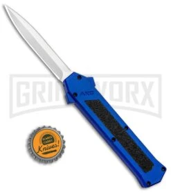 AKC F-16 Blue D/A OTF Automatic Knife - Dagger Satin Plain -AKC Knife Shop AKC F 16 DA Dagger OTF Blue Satin BHQ 93753 jr bottlecap large