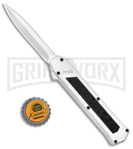 AKC F-16 White D/A OTF Automatic Knife - Dagger Satin Plain -AKC Knife Shop AKC F 16 DA Dagger OTF White Satin BHQ 94221 jr bottlecap large