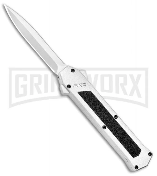 AKC F-16 White D/A OTF Automatic Knife - Dagger Satin Plain -AKC Knife Shop AKC F 16 DA Dagger OTF White Satin BHQ 94221 jr large