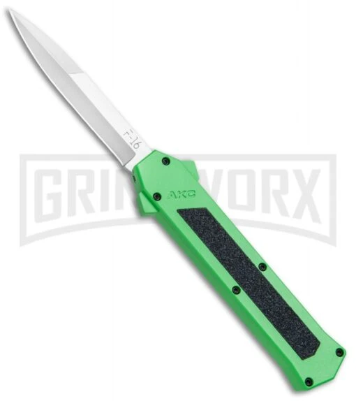 AKC F-16 Green D/A OTF Automatic Knife - Bayo Satin Plain -AKC Knife Shop AKC F 16 Green DA OTF Bayo Satin Plain BP 23855 jr large