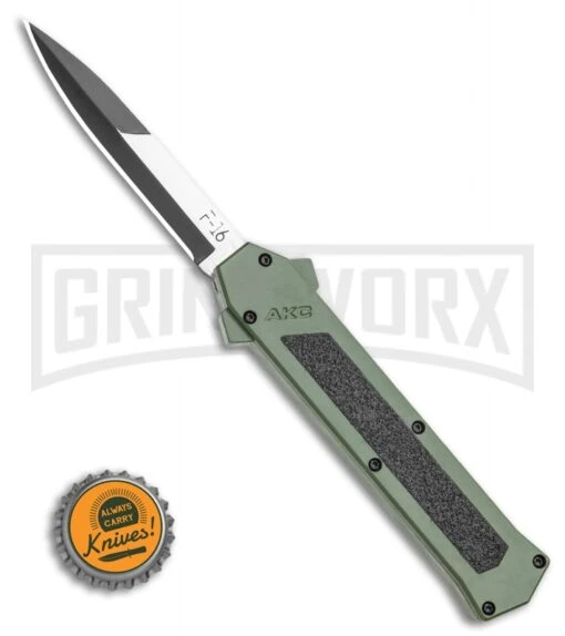 AKC F-16 OD Green D/A OTF Automatic Knife - Bayo Two TonePlain -AKC Knife Shop AKC F 16 OD Green D A OTF Automatic Knife Bayo Two TonePlain GX 35588 LS Bottlecap large