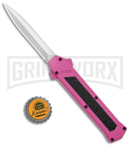 AKC F-16 Pink D/A OTF Automatic Knife - Dagger Satin Plain -AKC Knife Shop AKC F 16 Pink DA OTF Auto Dagger Satin GX 37627 jr bottlecap large