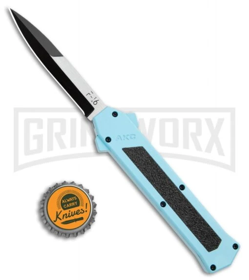 AKC F-16 Teal D/A OTF Automatic Knife - Bayonet Two Tone Plain -AKC Knife Shop AKC F 16 Teal DA OTF Auto Bayo TT Plain GX 35011 jr bottlecap large