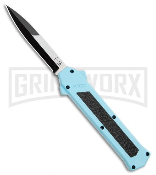 AKC F-16 Teal D/A OTF Automatic Knife - Bayonet Two Tone Plain -AKC Knife Shop AKC F 16 Teal DA OTF Auto Bayo TT Plain GX 35011 jr large