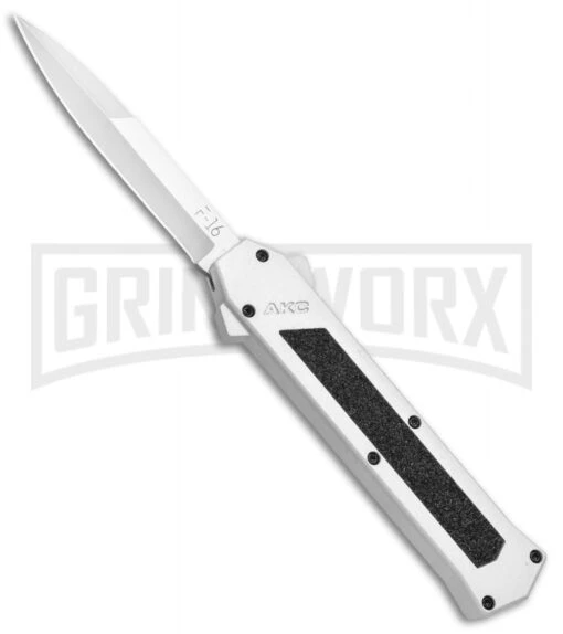 AKC F-16 White D/A OTF Automatic Knife - Bayo Satin Plain -AKC Knife Shop AKC F 16 White DA OTF Bayo Satin Plain BP 23853 jr large