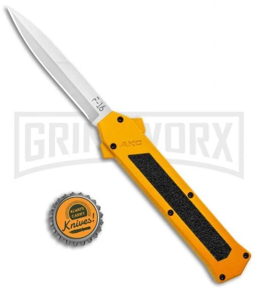 AKC F-16 Yellow D/A OTF Automatic Knife - Bayonet Satin Plain -AKC Knife Shop AKC F 16 Yellow DA OTF Auto Bayo Satin GX 37617 jr bottlecap large