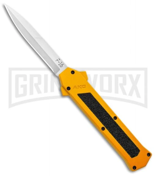 AKC F-16 Yellow D/A OTF Automatic Knife - Bayonet Satin Plain -AKC Knife Shop AKC F 16 Yellow DA OTF Auto Bayo Satin GX 37617 jr large