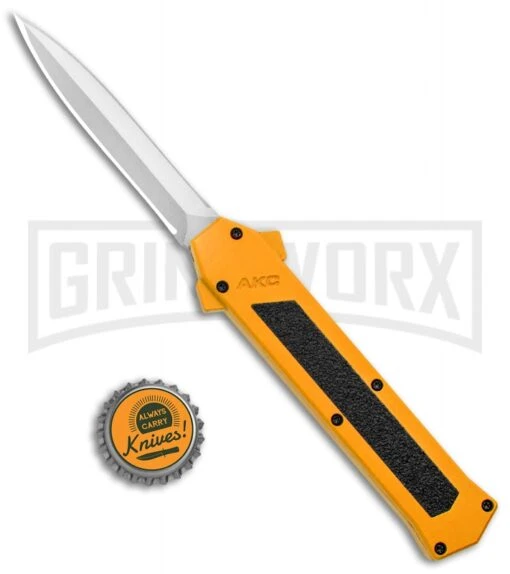 AKC F-16 Yellow D/A OTF Automatic Knife - Dagger Satin Plain -AKC Knife Shop AKC F 16 Yellow DA OTF Auto Dagger Satin GX 37626 jr bottlecap large