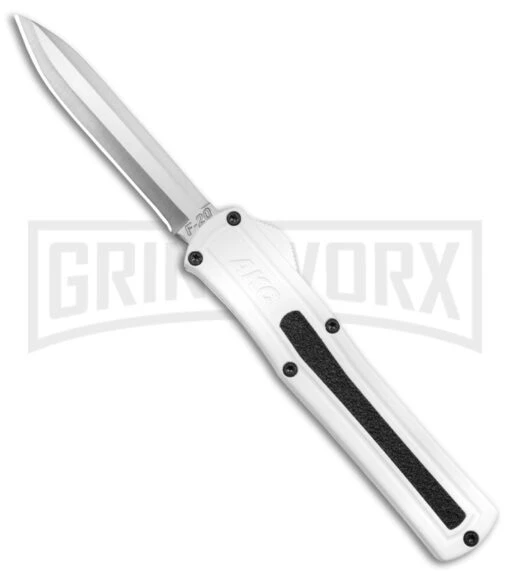 AKC F-20 White D/A OTF Automatic Knife - Spear Point Satin Plain -AKC Knife Shop AKC F 20 D A Spear Point OTF AK White Aluminium 3in Satin BHQ 158200 td large