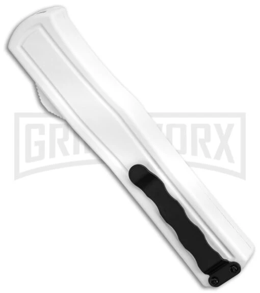 AKC F-20 White D/A OTF Automatic Knife - Spear Point Satin Plain -AKC Knife Shop AKC F 20 D A Spear Point OTF AK White Aluminium 3in Satin BHQ 158200 td siDe large